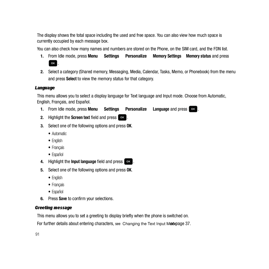 Samsung GH68-22878A user manual Language, Greeting message 