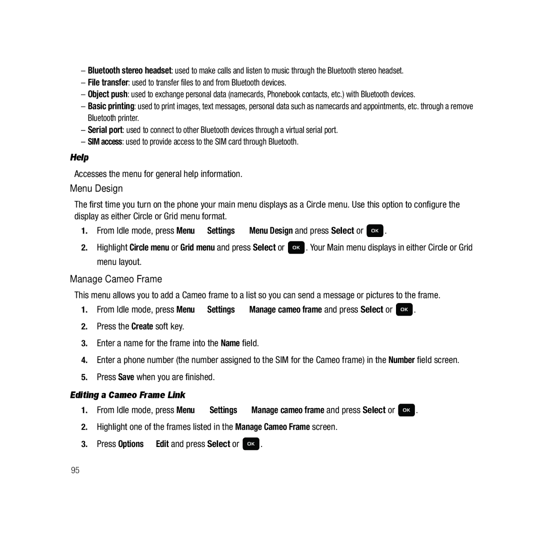 Samsung GH68-22878A user manual Menu Design, Manage Cameo Frame, Help, Editing a Cameo Frame Link 