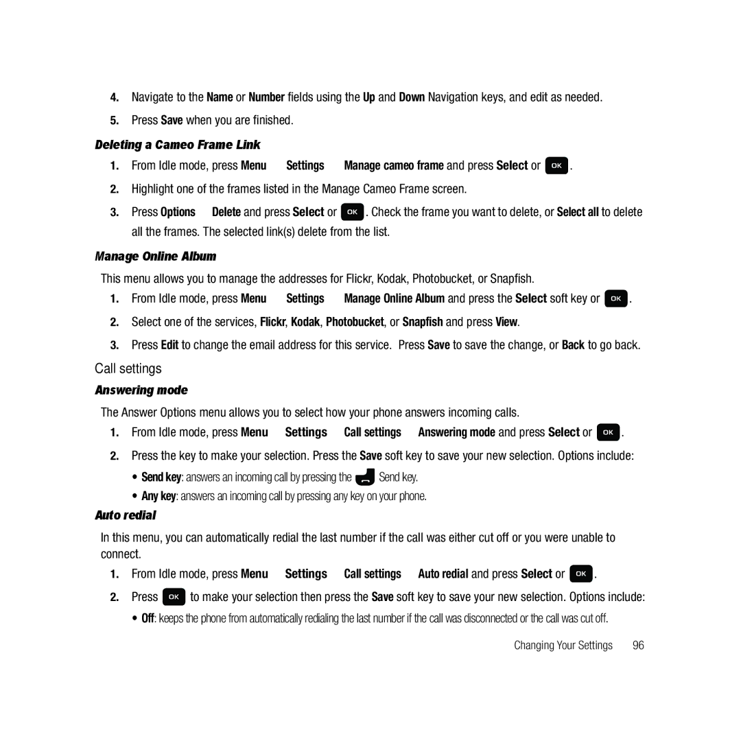 Samsung GH68-22878A Call settings, Deleting a Cameo Frame Link, Manage Online Album, Answering mode, Auto redial 