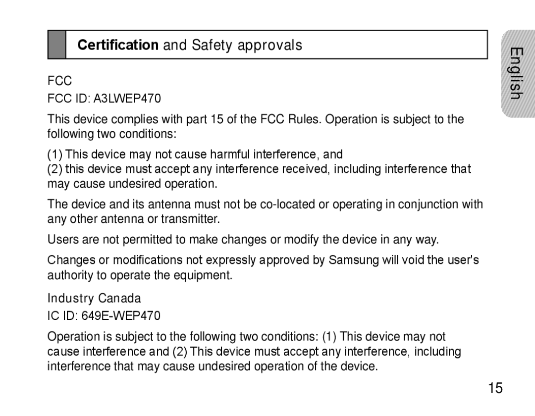 Samsung GH68-22914A, WEP470 manual Certification and Safety approvals, Industry Canada 