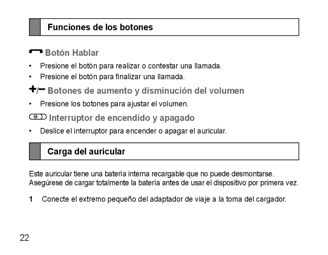 Samsung WEP470 Funciones de los botones, Botón Hablar, Botones de aumento y disminución del volumen, Carga del auricular 