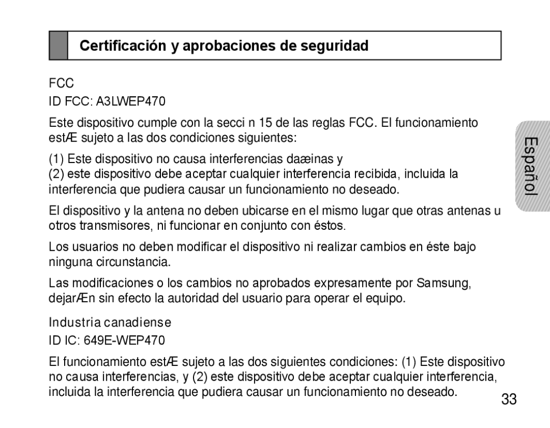 Samsung GH68-22914A, WEP470 manual Certificación y aprobaciones de seguridad, Industria canadiense 