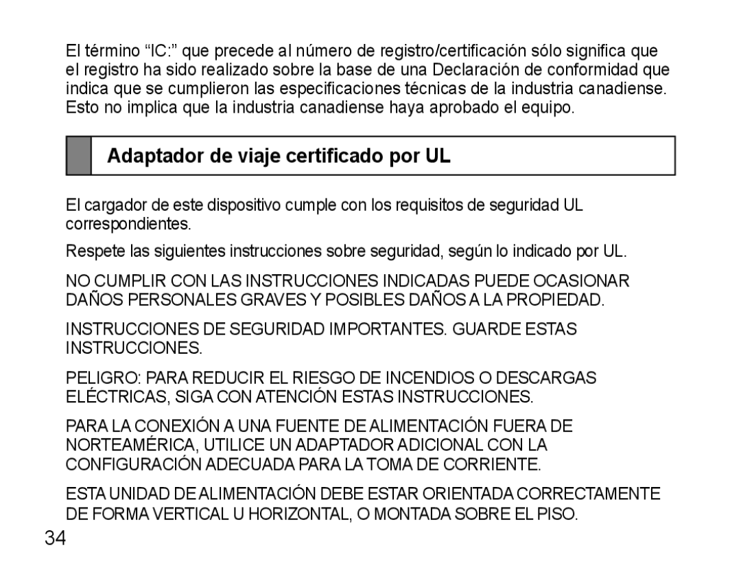 Samsung WEP470, GH68-22914A manual Adaptador de viaje certificado por UL 