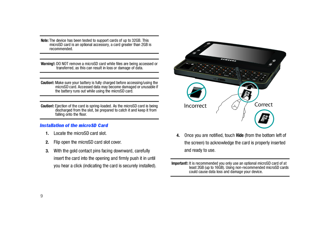 Samsung GH68-23169A manual Incorrect Correct, Installation of the microSD Card 