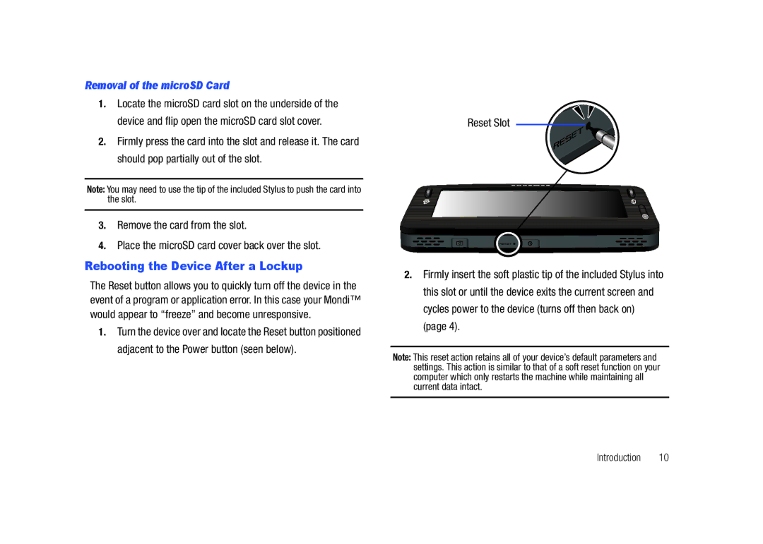 Samsung GH68-23169A manual Rebooting the Device After a Lockup, Removal of the microSD Card, Reset Slot 