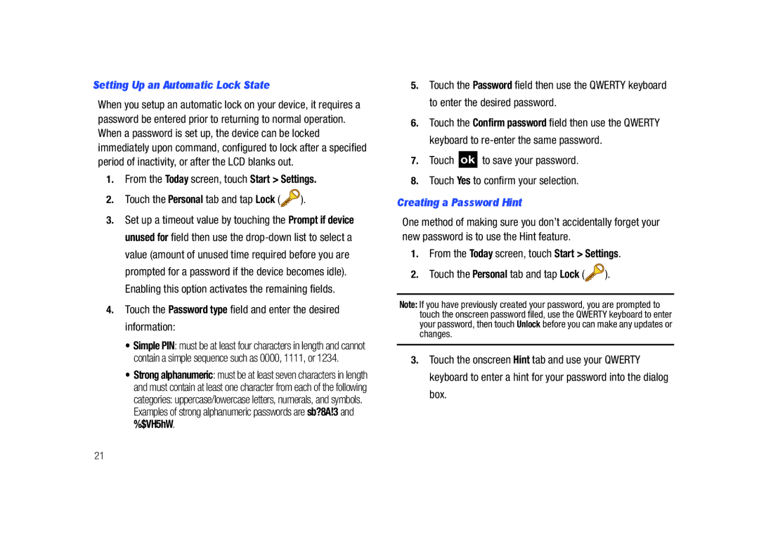 Samsung GH68-23169A manual Setting Up an Automatic Lock State, Creating a Password Hint 