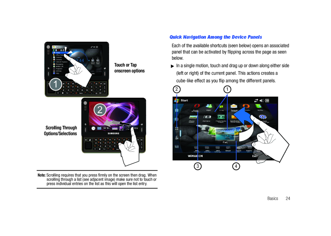 Samsung GH68-23169A manual Scrolling Through Options/Selections, Quick Navigation Among the Device Panels 