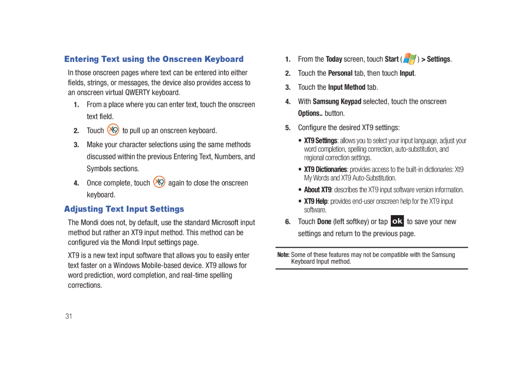 Samsung GH68-23169A manual Entering Text using the Onscreen Keyboard, Adjusting Text Input Settings 