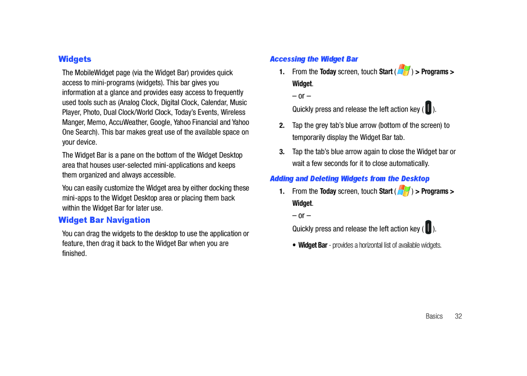 Samsung GH68-23169A Widget Bar Navigation, Accessing the Widget Bar, Adding and Deleting Widgets from the Desktop 