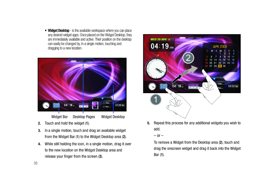 Samsung GH68-23169A manual Widget Bar Desktop Pages, Touch and hold the widget 