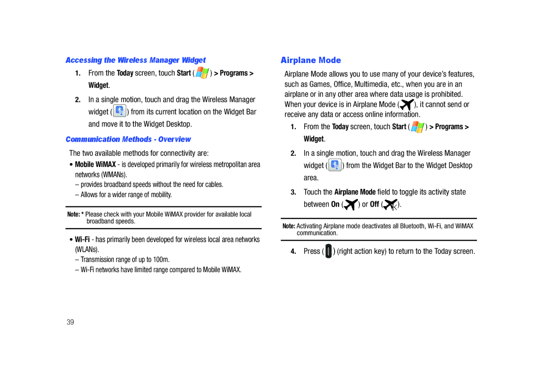 Samsung GH68-23169A manual Airplane Mode, Accessing the Wireless Manager Widget, Communication Methods Overview 