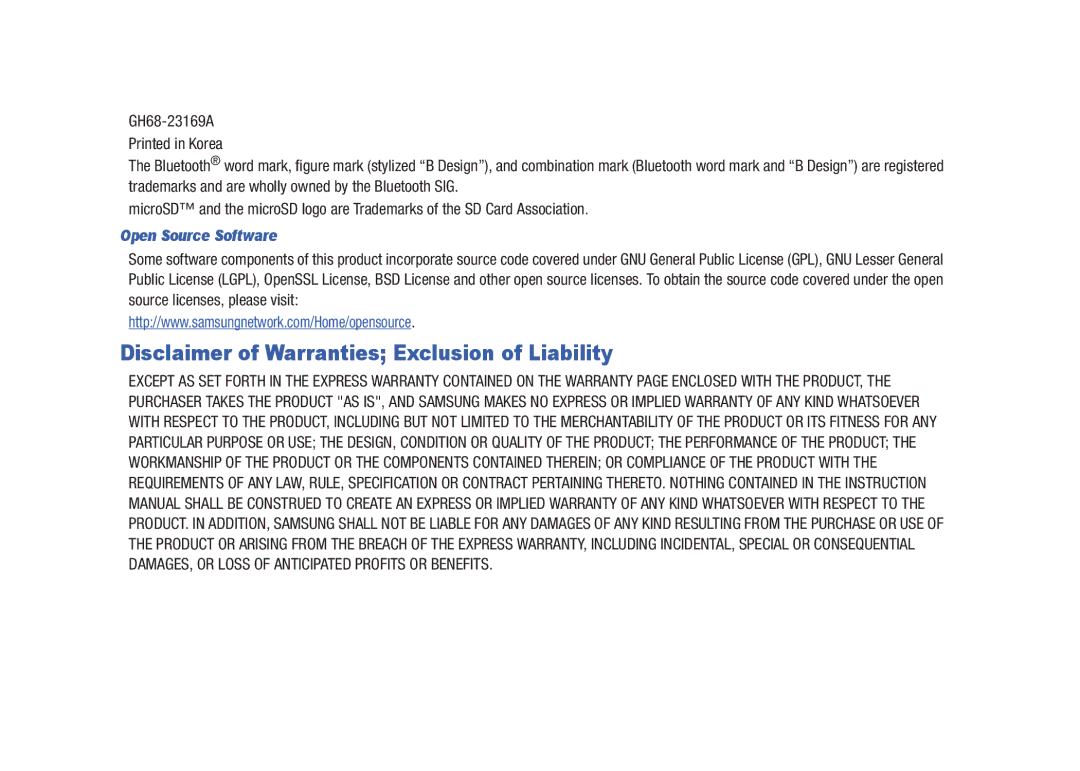 Samsung GH68-23169A manual Disclaimer of Warranties Exclusion of Liability, Open Source Software 