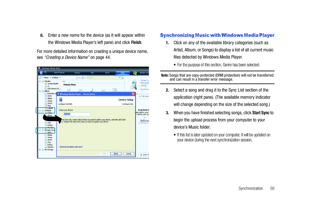 Samsung GH68-23169A manual Synchronizing Music with Windows Media Player 