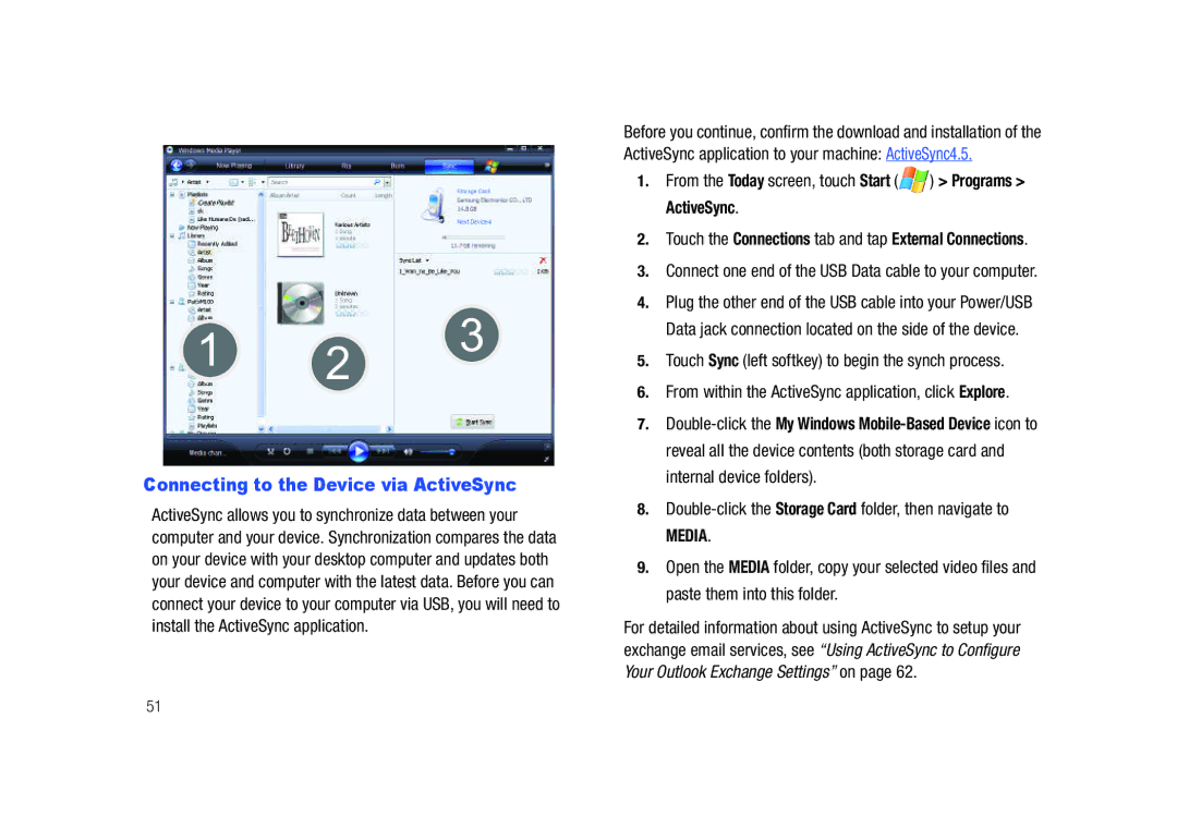 Samsung GH68-23169A manual Connecting to the Device via ActiveSync, From the Today screen, touch Start Programs ActiveSync 