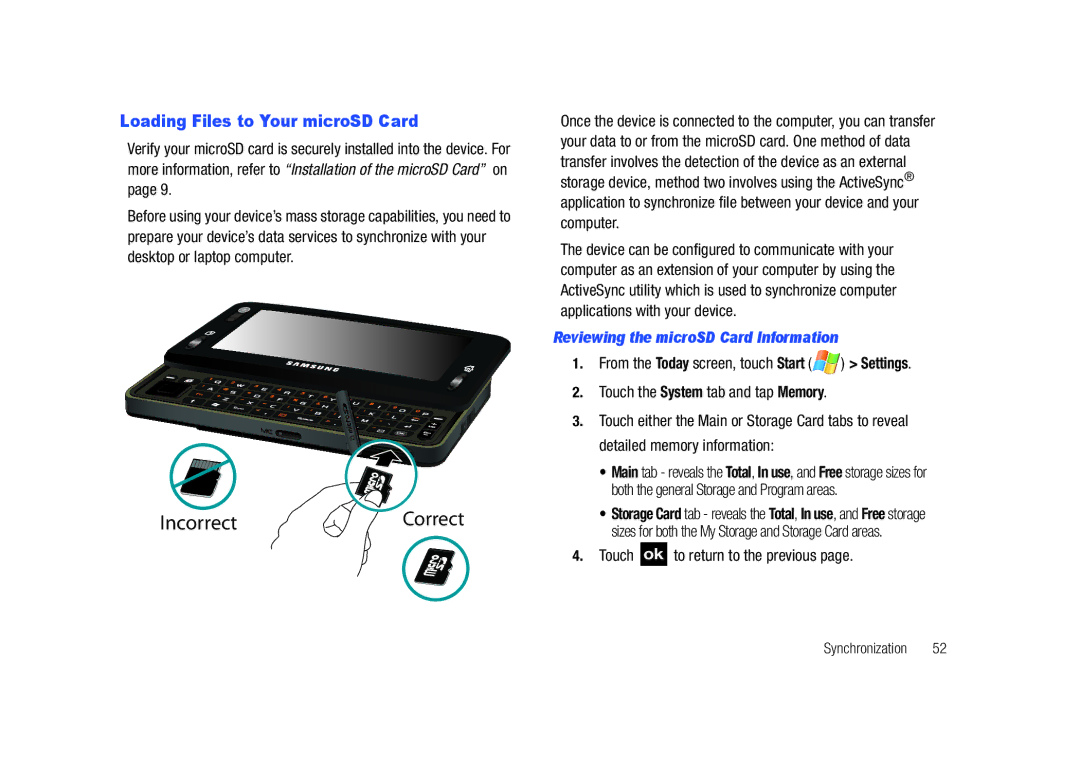 Samsung GH68-23169A manual Loading Files to Your microSD Card, Reviewing the microSD Card Information 