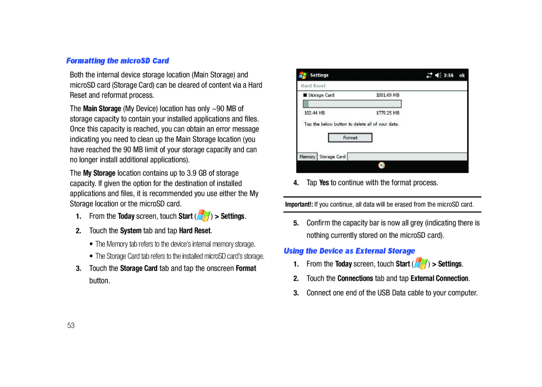 Samsung GH68-23169A manual Formatting the microSD Card, Using the Device as External Storage 