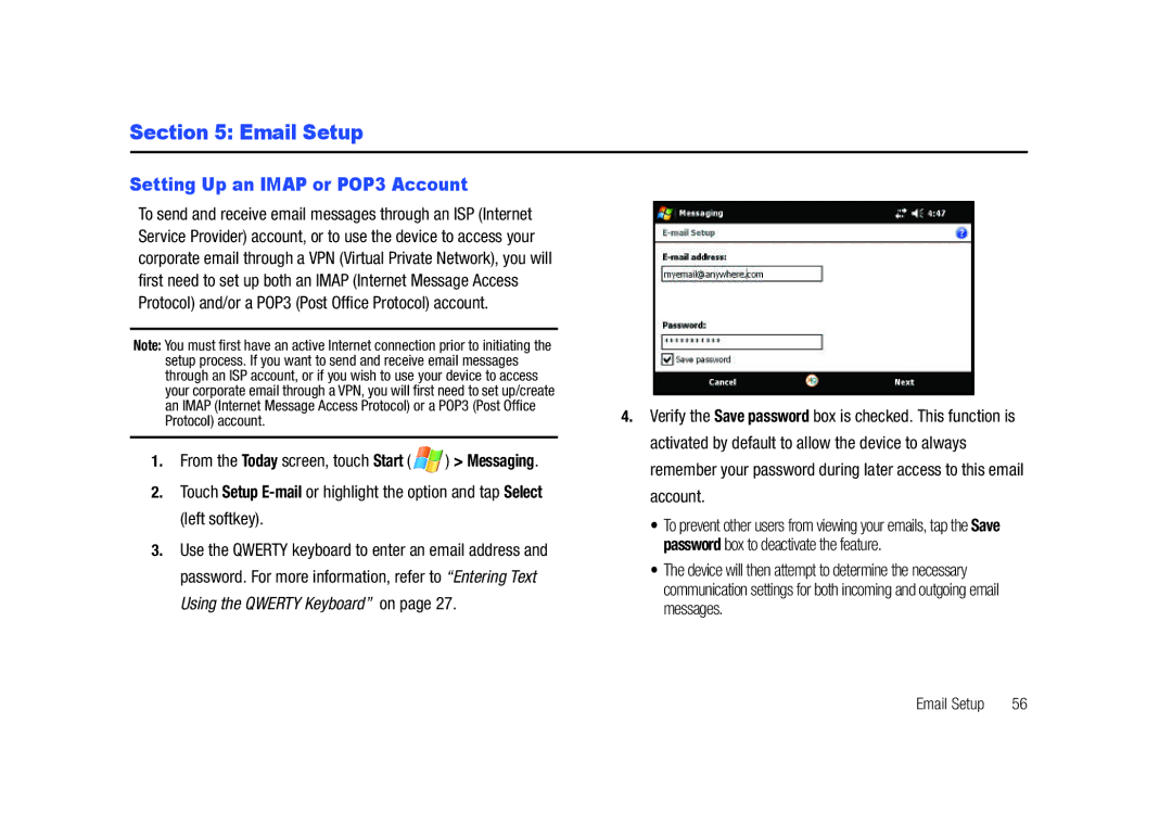 Samsung GH68-23169A manual Email Setup, Setting Up an Imap or POP3 Account 