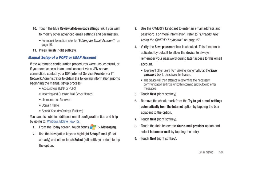 Samsung GH68-23169A manual Manual Setup of a POP3 or Imap Account 