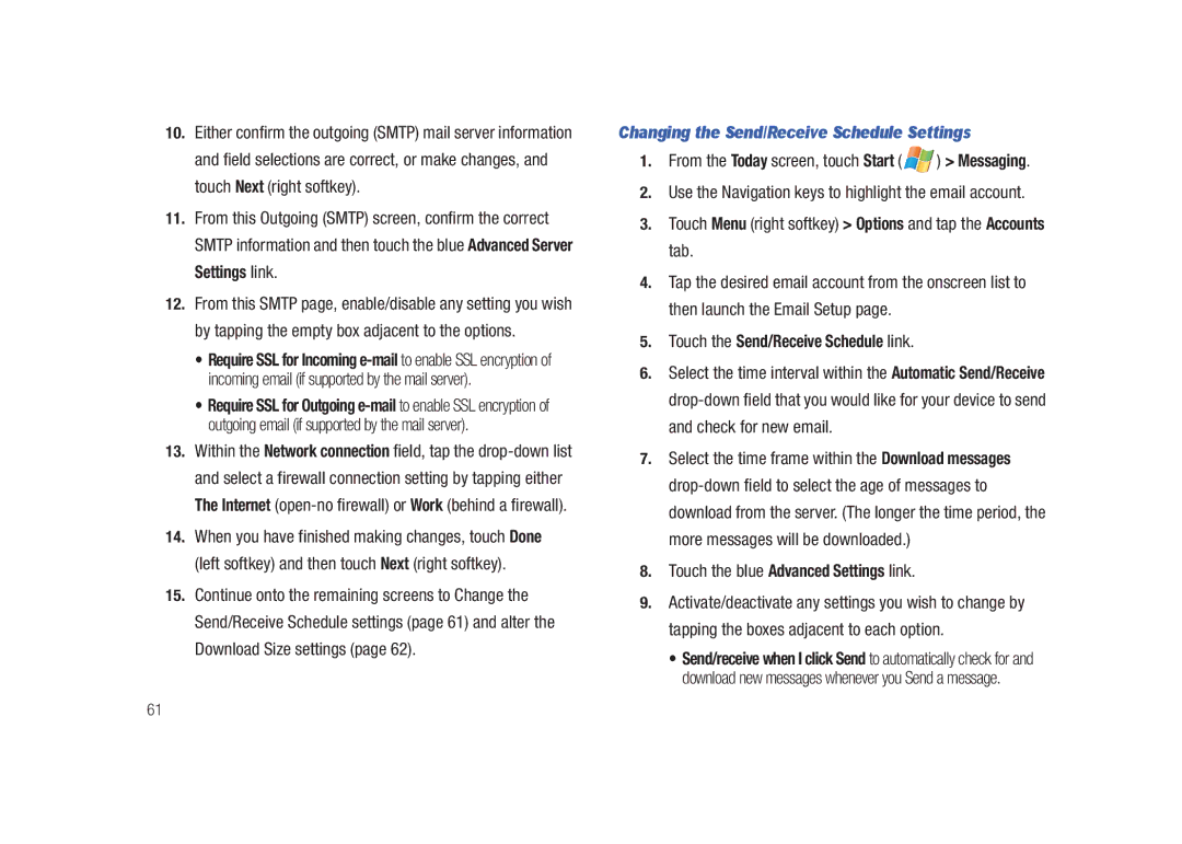 Samsung GH68-23169A manual Changing the Send/Receive Schedule Settings, Touch the Send/Receive Schedule link 