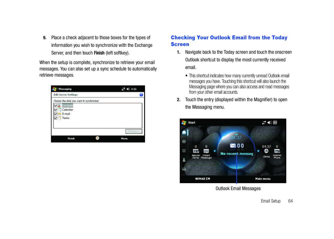 Samsung GH68-23169A manual Checking Your Outlook Email from the Today Screen 