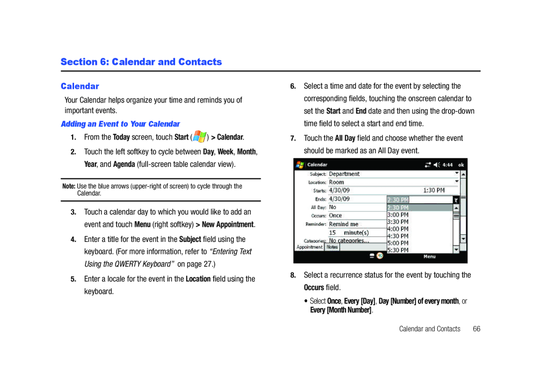 Samsung GH68-23169A Calendar and Contacts, Adding an Event to Your Calendar, From the Today screen, touch Start Calendar 