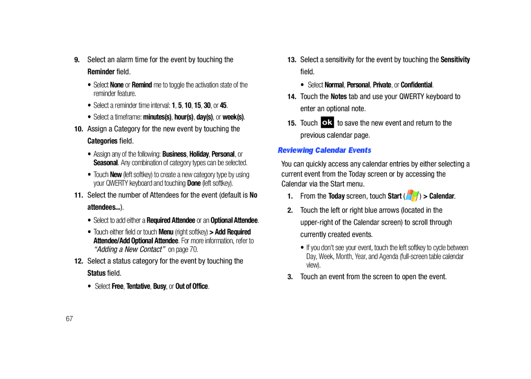 Samsung GH68-23169A manual Reviewing Calendar Events, Touch an event from the screen to open the event 