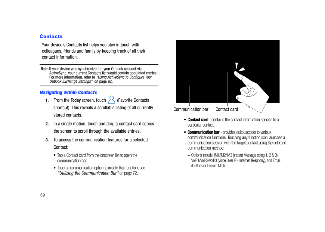 Samsung GH68-23169A manual Navigating within Contacts, Stored contacts, Communication bar 