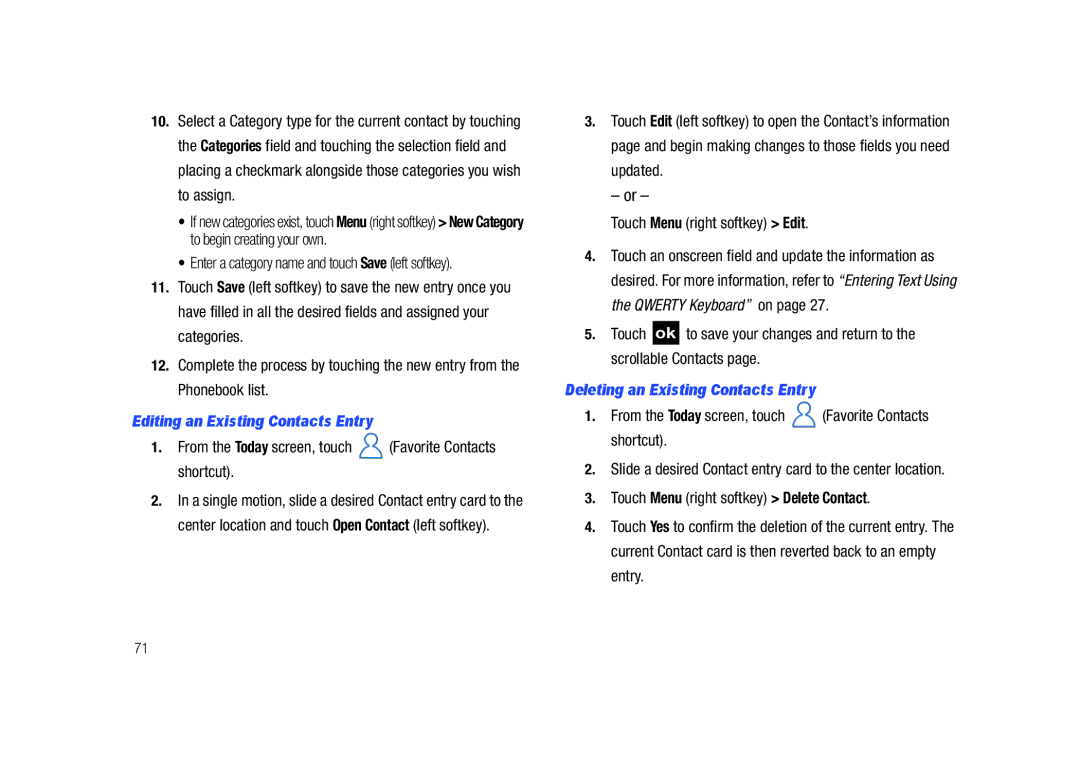 Samsung GH68-23169A manual Editing an Existing Contacts Entry, Deleting an Existing Contacts Entry 