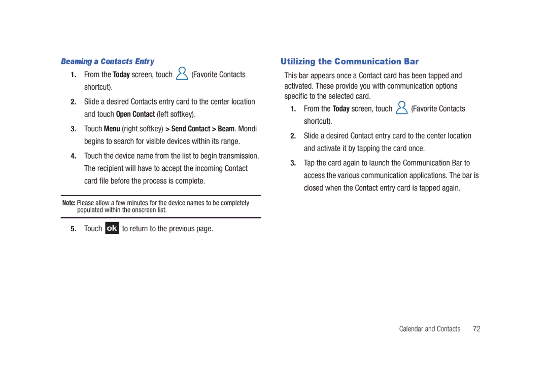 Samsung GH68-23169A manual Utilizing the Communication Bar, Beaming a Contacts Entry 