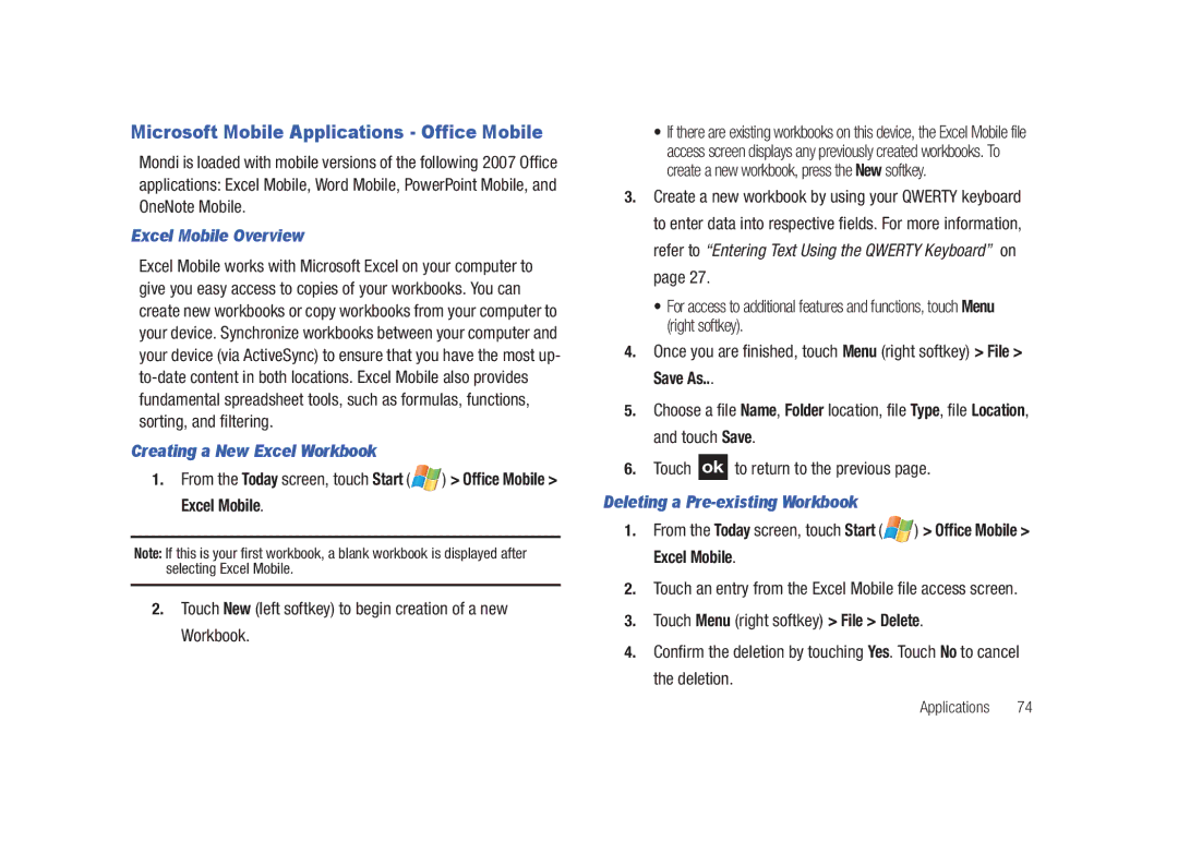 Samsung GH68-23169A Microsoft Mobile Applications Office Mobile, Excel Mobile Overview, Creating a New Excel Workbook 