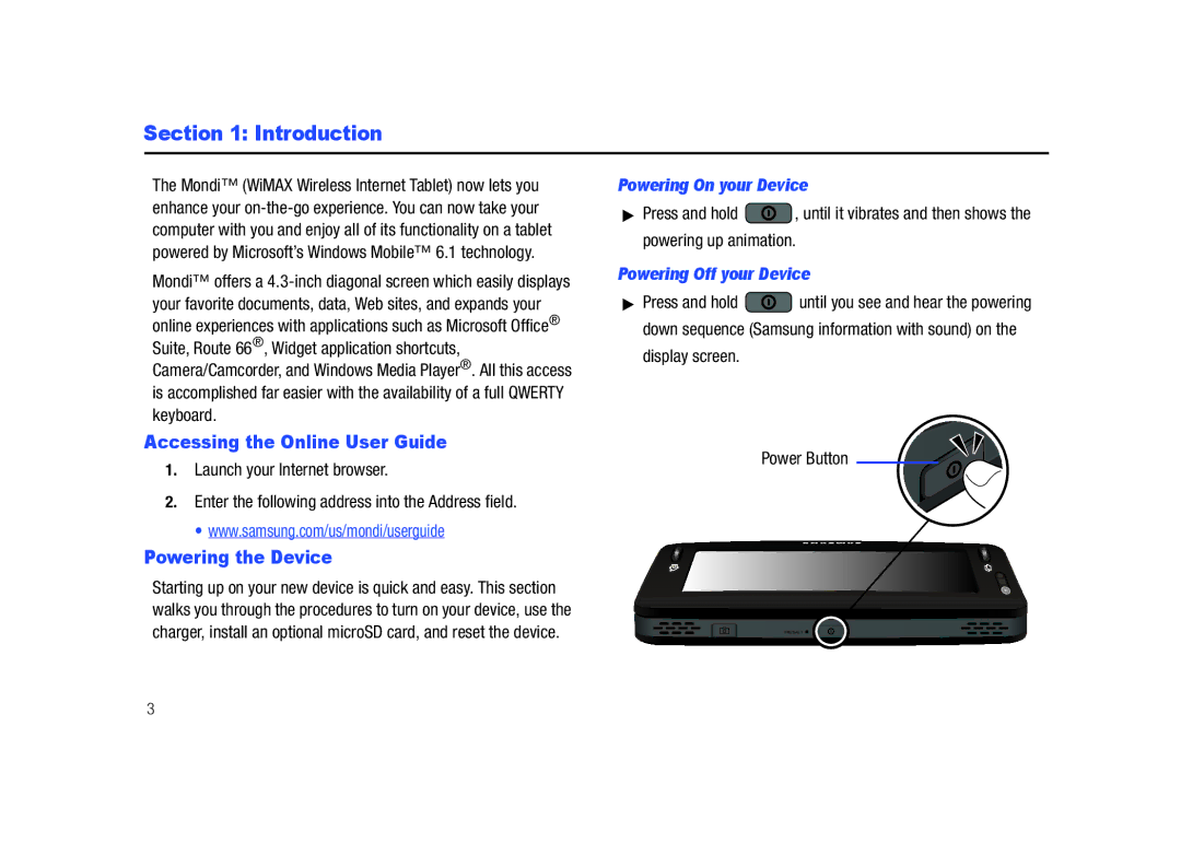 Samsung GH68-23169A manual Introduction, Accessing the Online User Guide, Powering the Device, Powering On your Device 