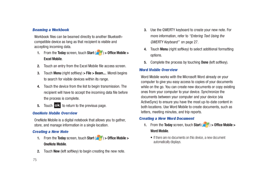 Samsung GH68-23169A manual Beaming a Workbook, OneNote Mobile Overview, Creating a New Note, Word Mobile Overview 