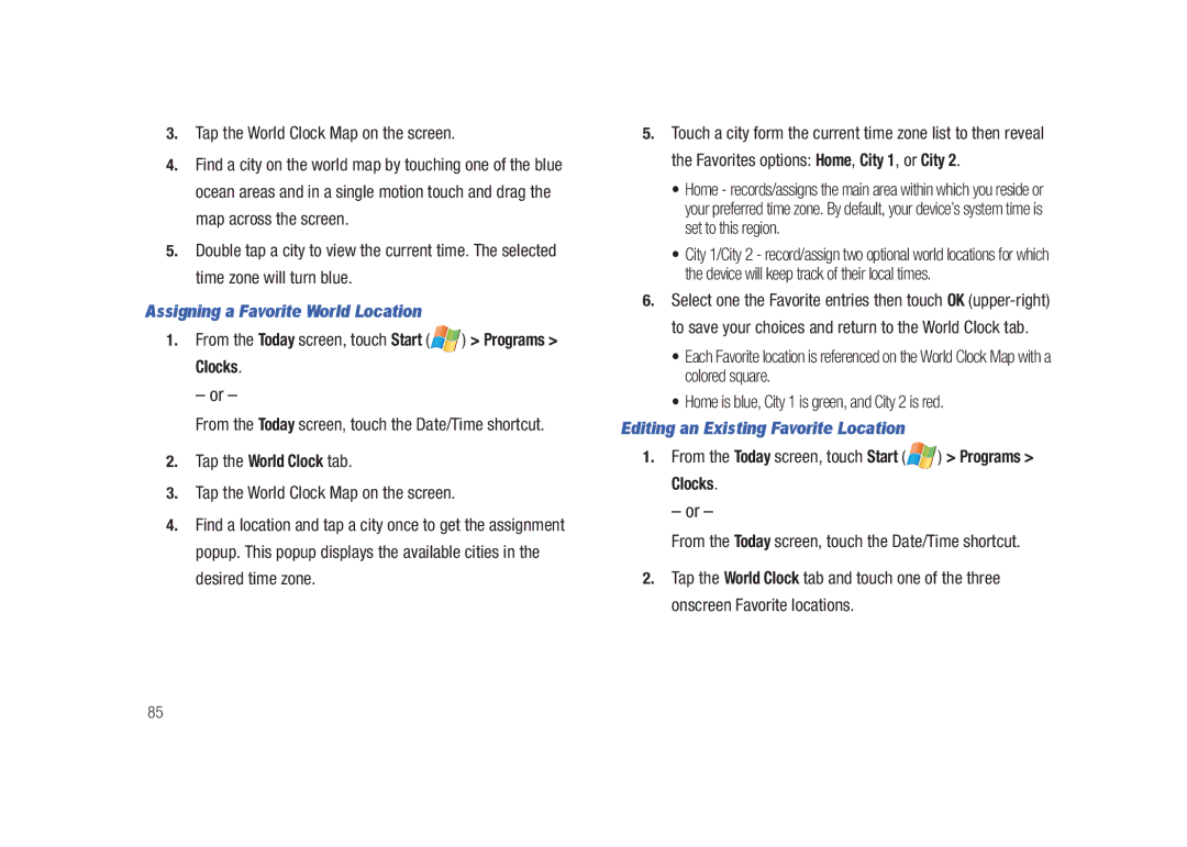 Samsung GH68-23169A manual Tap the World Clock Map on the screen, Assigning a Favorite World Location 