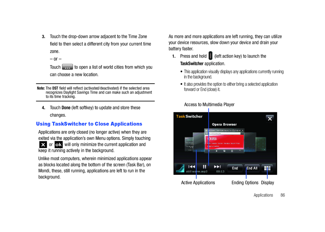 Samsung GH68-23169A manual Using TaskSwitcher to Close Applications, Access to Multimedia Player Active Applications 