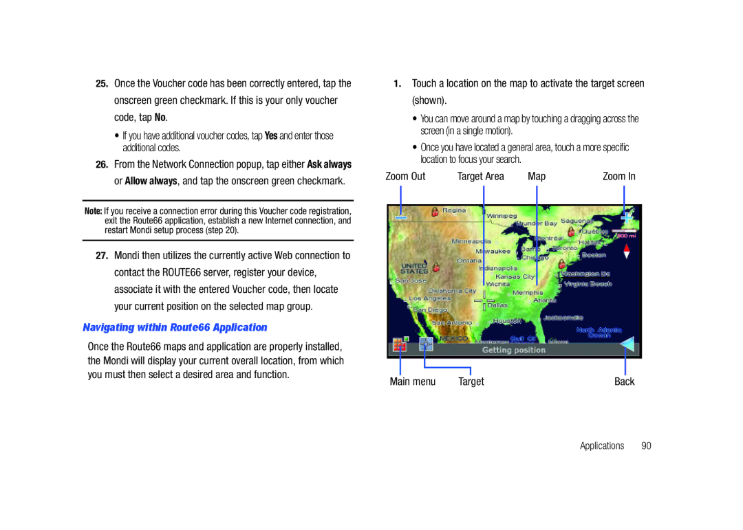 Samsung GH68-23169A manual Navigating within Route66 Application, Target Area Map, Main menu Target, Zoom 