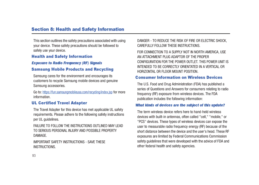 Samsung GH68-23169A Health and Safety Information, Samsung Mobile Products and Recycling, UL Certified Travel Adapter 