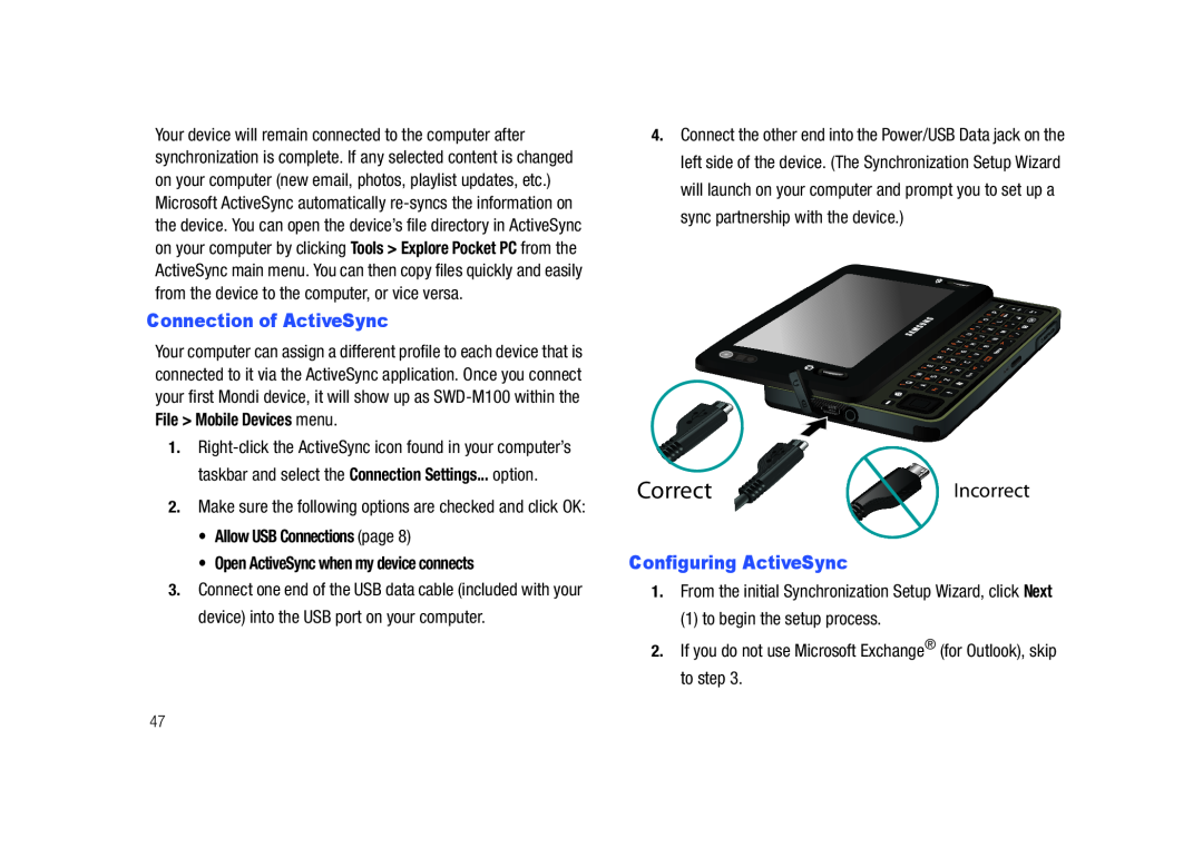 Samsung GH68-23169A manual Connection of ActiveSync, Configuring ActiveSync, to begin the setup process, Correct, Incorrect 