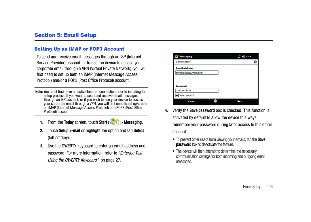 Samsung GH68-23169A manual Email Setup, Setting Up an IMAP or POP3 Account 