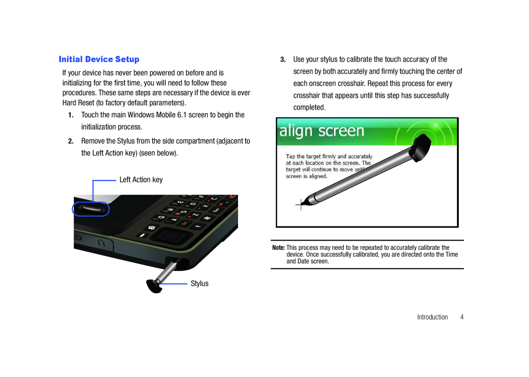 Samsung GH68-23169A manual Initial Device Setup, Left Action key, Stylus 