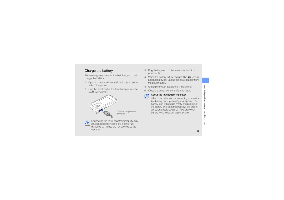 Samsung GH68-23213A manual Charge the battery 