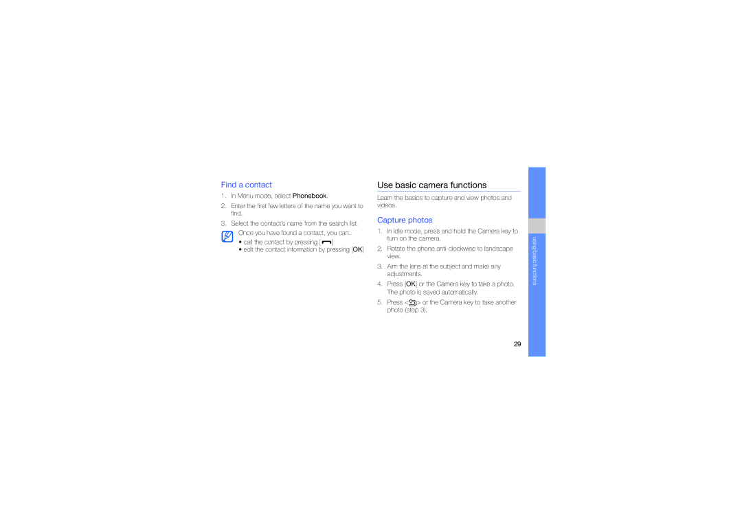 Samsung GH68-23213A manual Use basic camera functions, Find a contact, Capture photos 