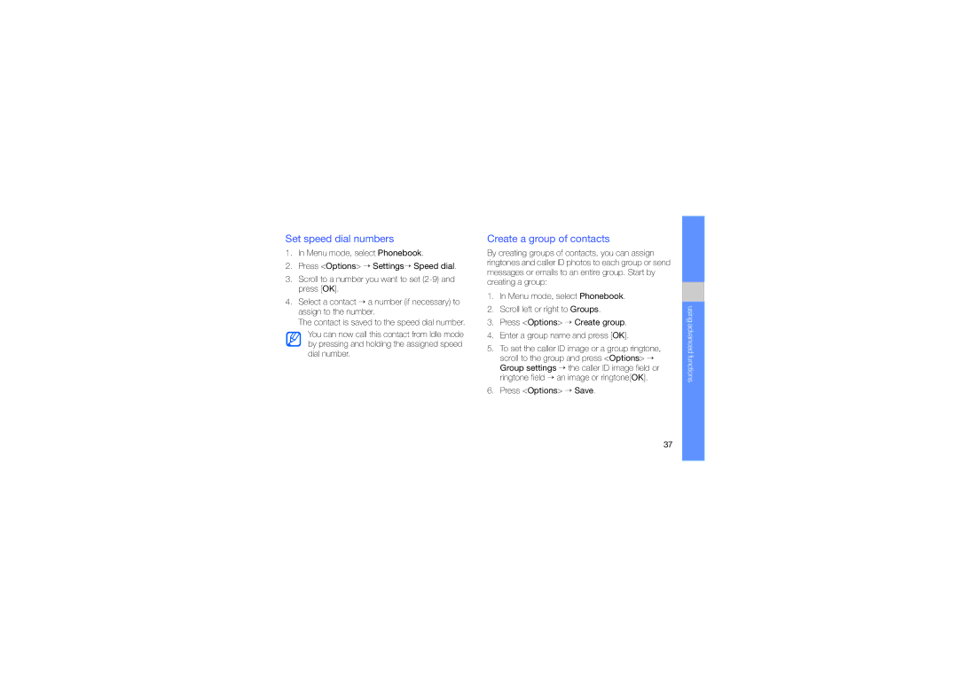 Samsung GH68-23213A manual Set speed dial numbers, Create a group of contacts 