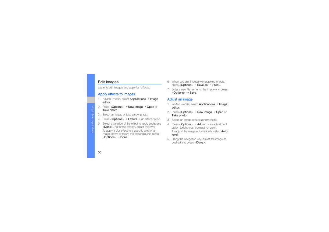 Samsung GH68-23213A manual Edit images, Apply effects to images, Adjust an image 