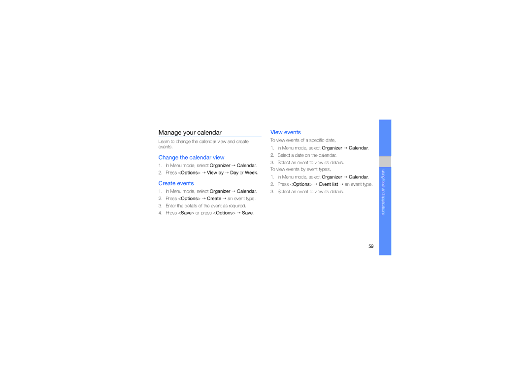 Samsung GH68-23213A manual Manage your calendar, Change the calendar view, Create events, View events 