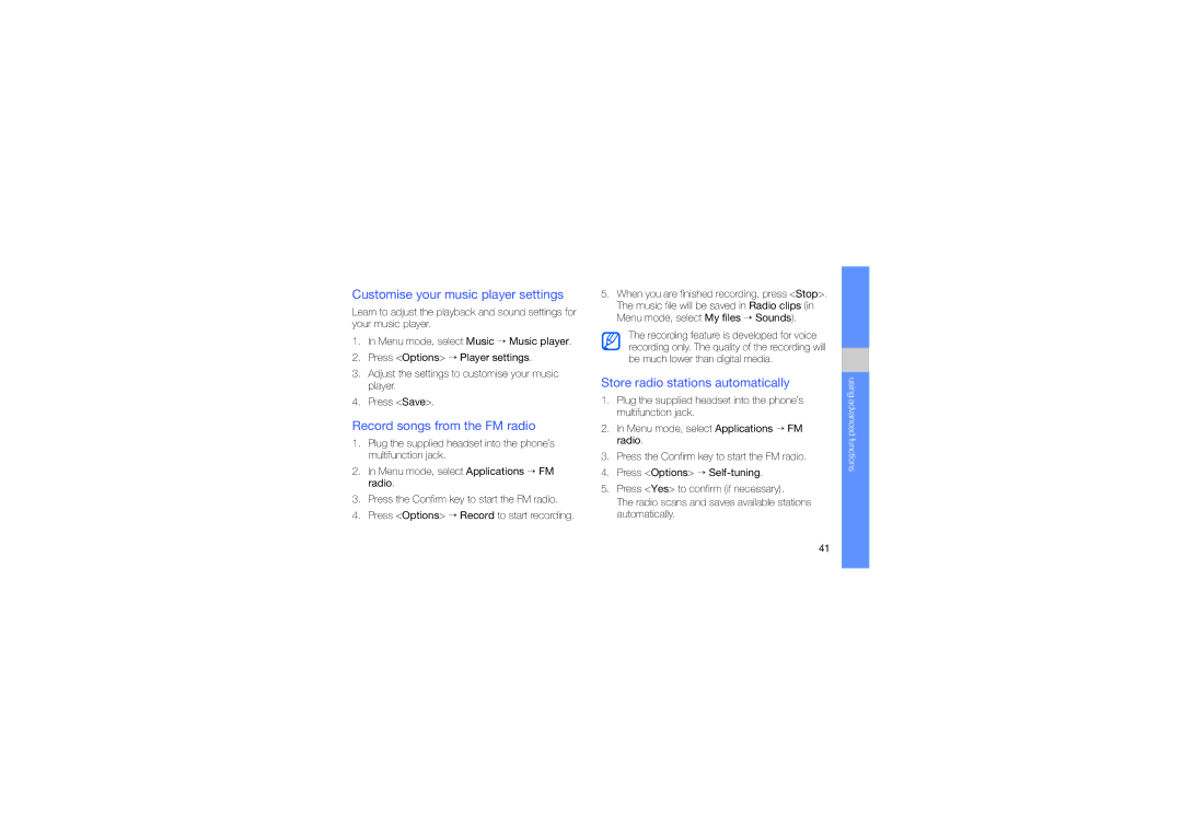 Samsung GH68-23417A manual Customise your music player settings, Record songs from the FM radio 