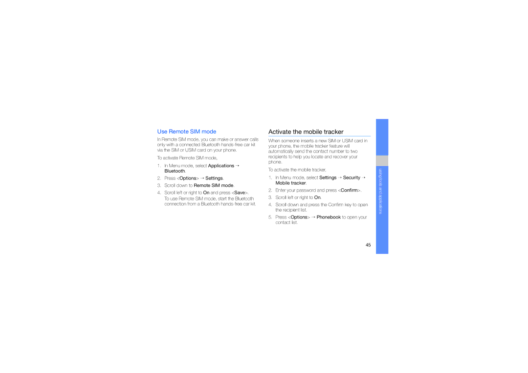 Samsung GH68-23417A manual Activate the mobile tracker, Use Remote SIM mode 