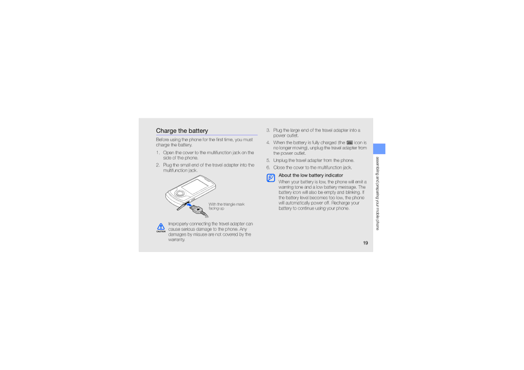 Samsung GH68-23488A manual Charge the battery 