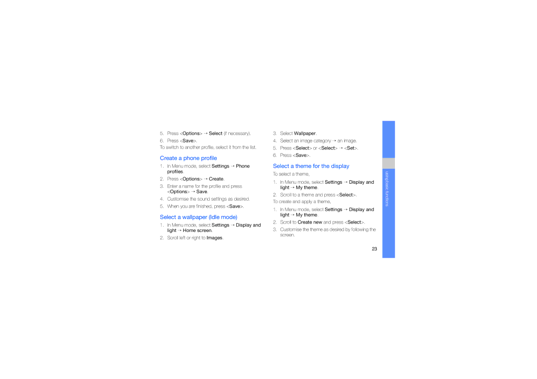 Samsung GH68-23488A manual Create a phone profile, Select a wallpaper Idle mode, Select a theme for the display 