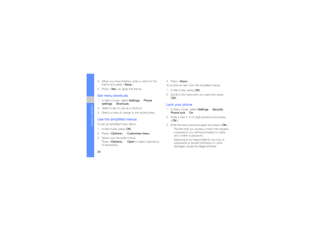 Samsung GH68-23488A manual Set menu shortcuts, Use the simplified menus, Lock your phone 