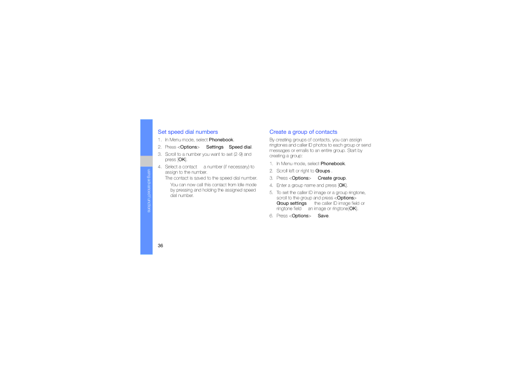 Samsung GH68-23488A manual Set speed dial numbers, Create a group of contacts 